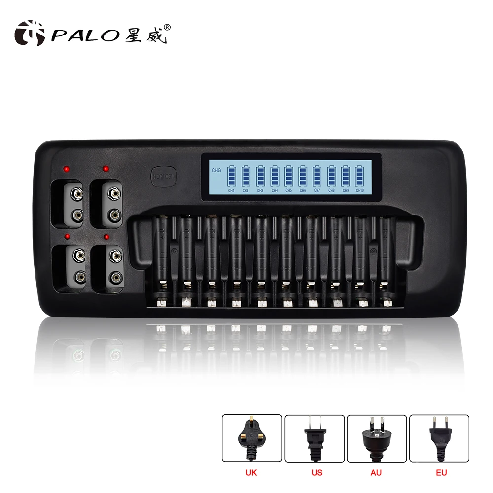 PALO 14-Slots LCD Display Intelligente Batterie Ladegerät für 1,2 V AA AAA Ni-Mh Ni-CD Akku 9V Ni-Mh Ni-Cd Lithium-Batterie