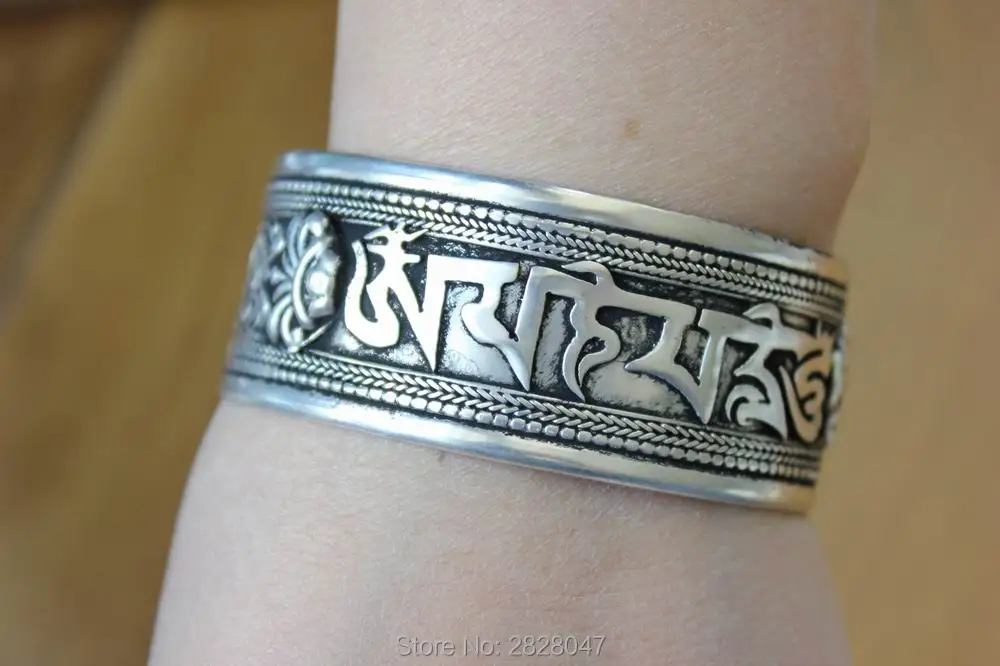 BR443 Tibetan Silver Wide Six Words Mantra Dorje Adjustable Bangle Cuff Handmade Nepal 25mm Wide Open Back Bracelet