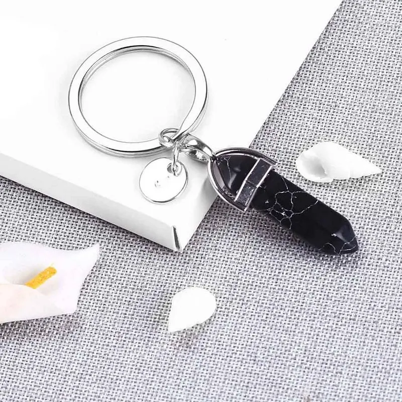 Natural Stone Pendant Keychain Natural Quartz Stone 26 letter Pink Crystal good luck Key Chains Accessories Jewelry Gift