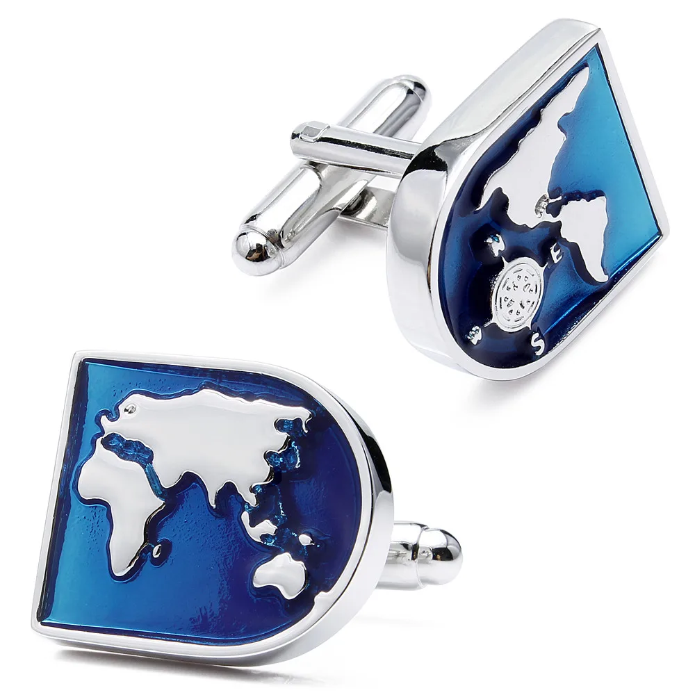 World Map Cufflinks Luxury Shirt Cuff links for Men U Shaped Blue Enamel Fasten Button,