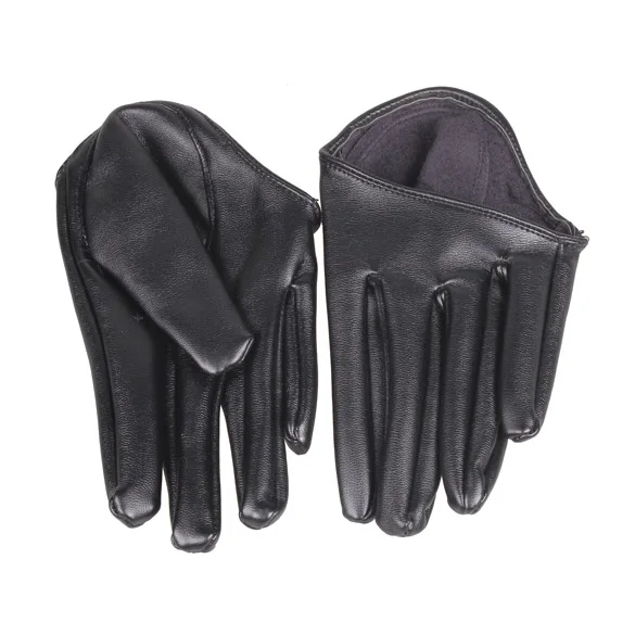 Guantes ajustados de media palma para mujer, cuero de imitación, cinco dedos, negro, moda caliente