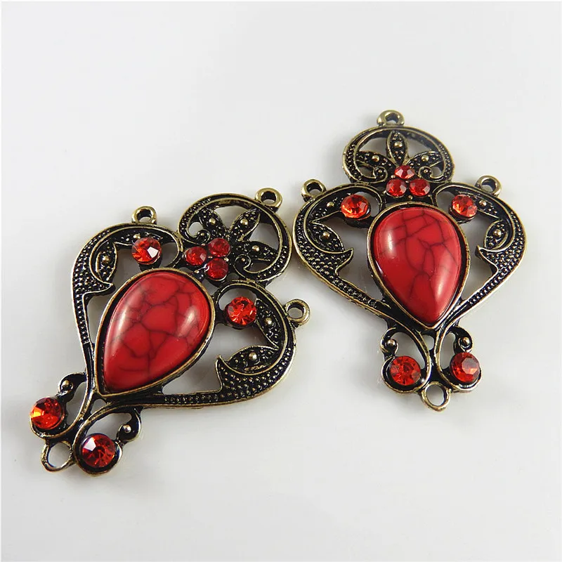 GraceAngie 4PCS  Vintage Style Bronze Alloy Red Charm Ancient Suspension Pendant Jewelry Connector Handmade Jewelry Accessory