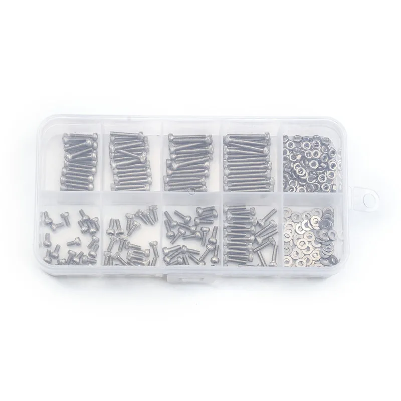 320 pcs/box 304 stainless steel cylindrical head hexagon screw + nut + flat washer Assortment Tool  Kit Box M2 series