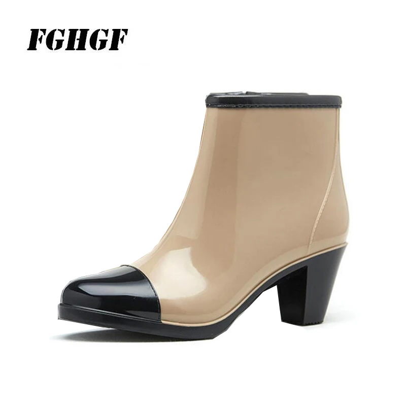 Fashionable zipper rain boots women spring and summer anti-slip high heel rain shoes women short barrel waterproof overshoes