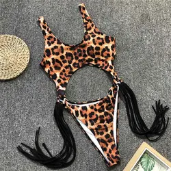 2023 New Sexy Leopard Swimwear Tummy Cut Out One Piece Swimsuit Female Tassel Bather Hollow Out Bathing Suit Swim Wear Lady 3880