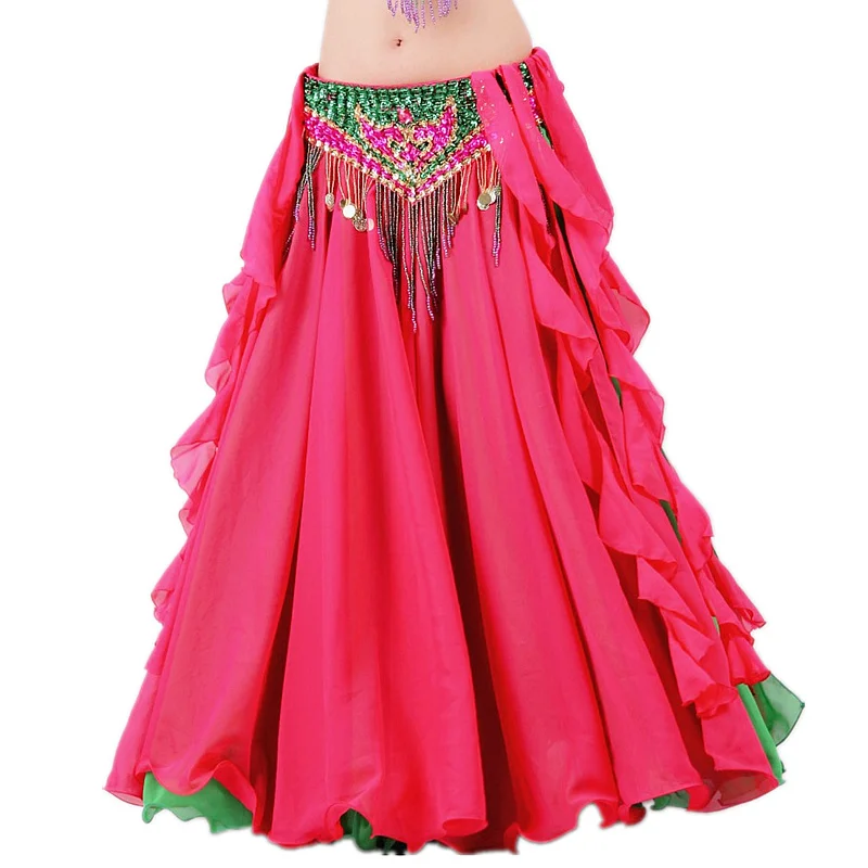 Belly Dance Skirts Women Floor-Length 2 Layer Chiffon Belly Dance Costume Skirt Oriental Costume Skirt Bellydance(Without Belt)