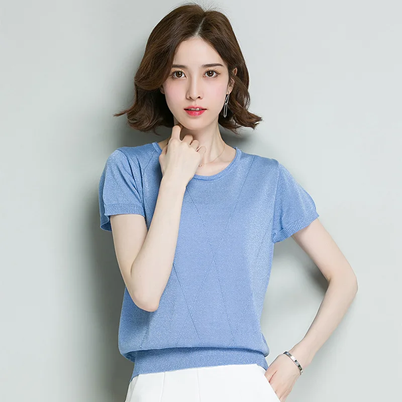 

Pure Color Women Knitted T-shirts Short Sleeves Round Collar Comfortable All-match Korean Loose Female Bottom T-shirts Top H9218