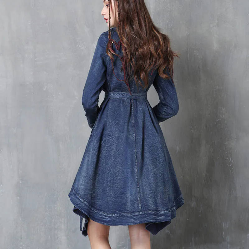 Long Trench Dress for Women, Vintage Denim Outerwear, Long Sleeve, Ladies, S-L Embroidery Coats with Belt, New Fashion,2024