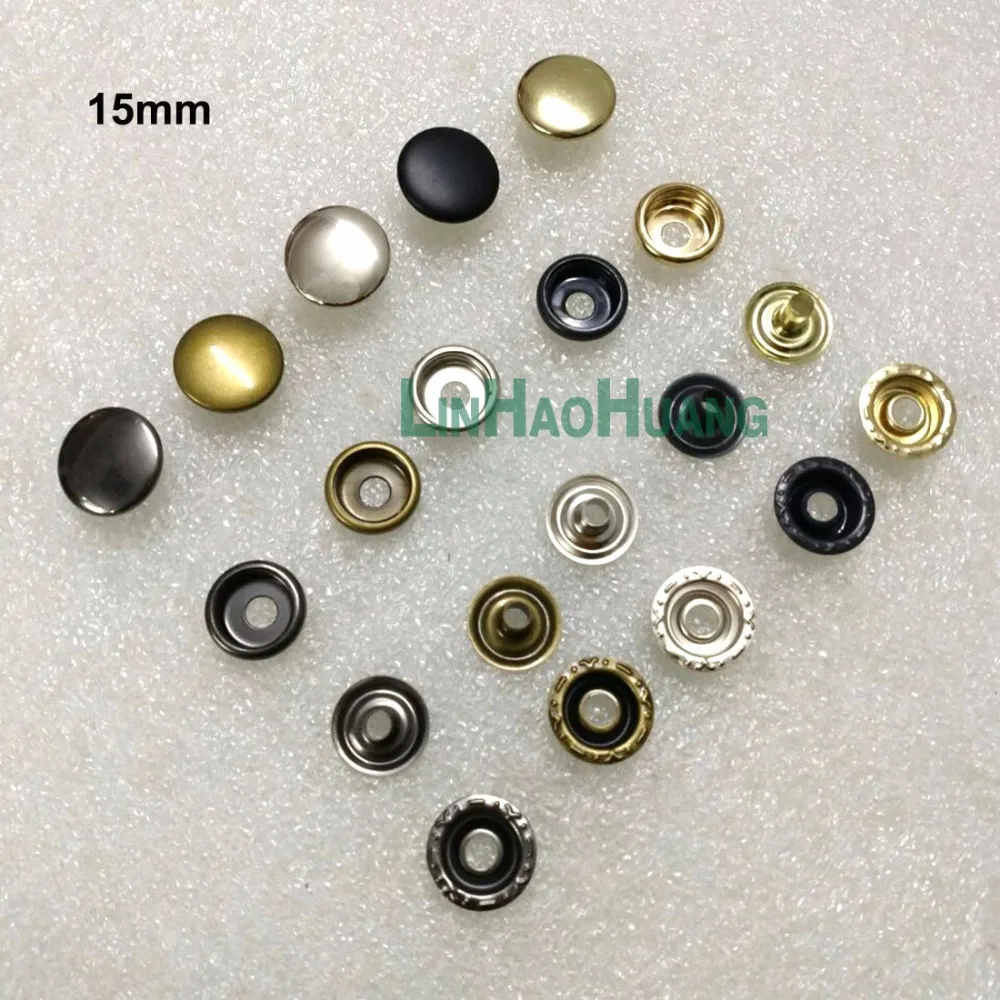 100sets/lot 15mm four part brass metal button ring snap press button snap fasteners silver, bronze, black ,ligth gold+tools