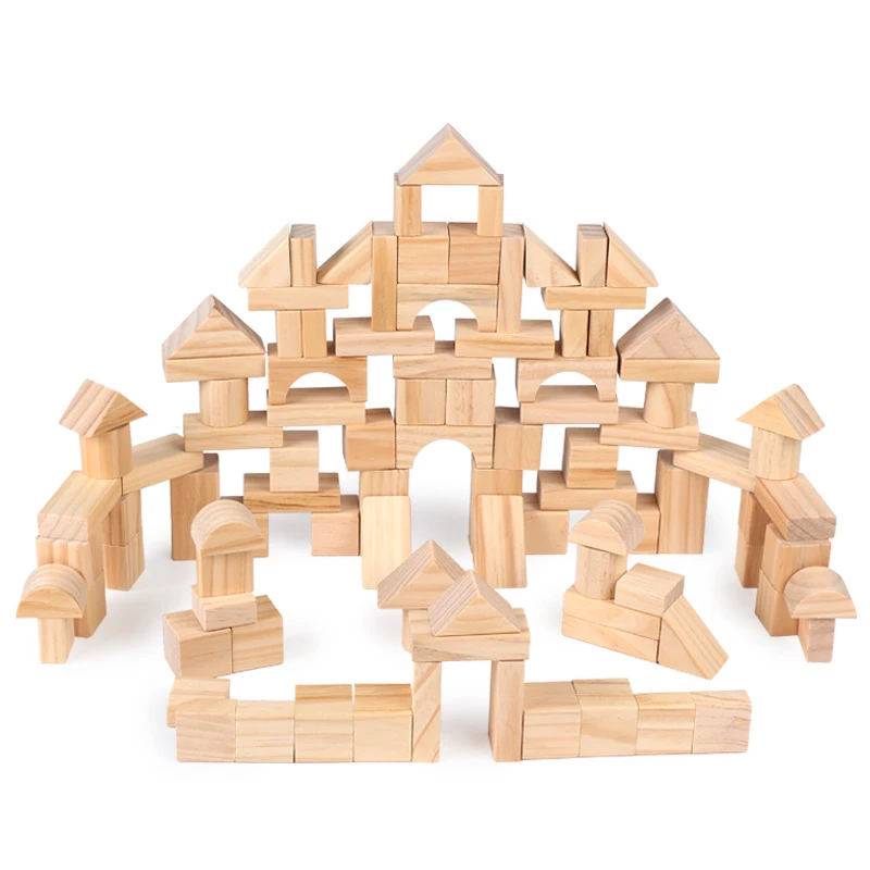 100 Pcs/Set Pine Wooden Tower Wood Building Blocks Toy Stacker Assemblage Building Early Educational Game Gift with Retail Box