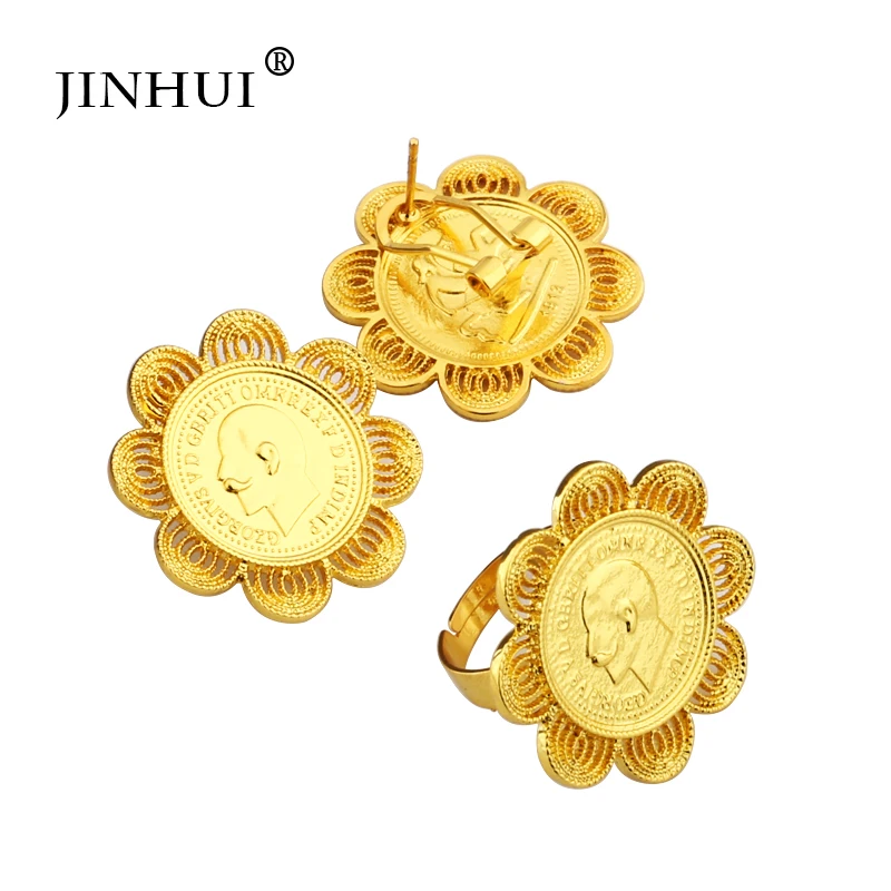 Ethiopian gold color jewelry sets Coin Pendant Necklace Earring Ring for women African wedding bridal gifts