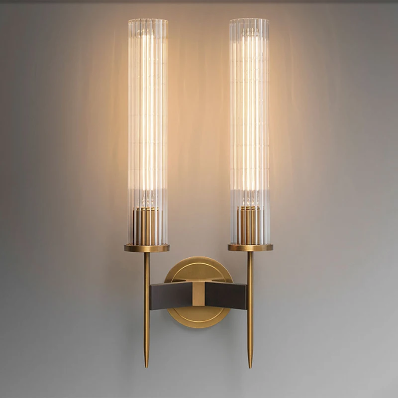 Modern Brass Wall Sconce Light Wrought Copper Lamp Vintage Ribbed Glass Lobby Bedroom Hotel Corridor Restaurant Bar Cafe Light