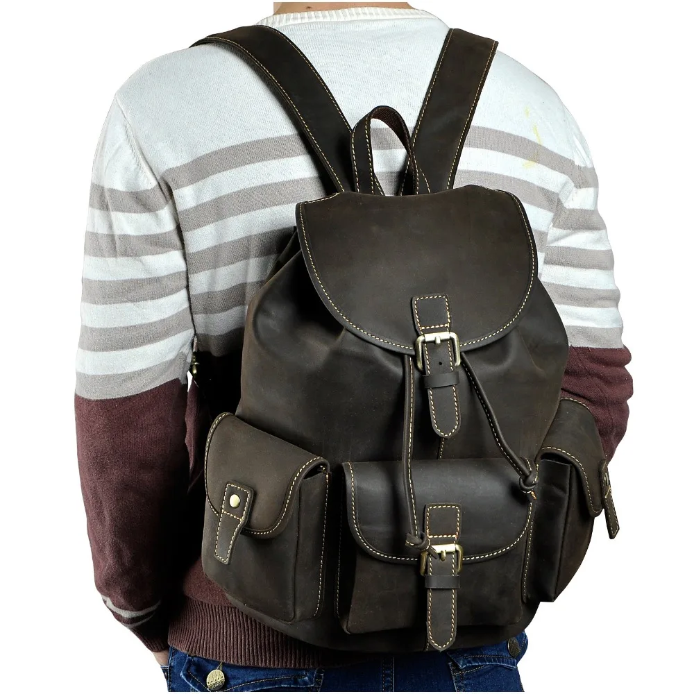 Men Original Leather Fashion Travel University College School Book Bag Designer Male Backpack Daypack Student Laptop Bag 9950