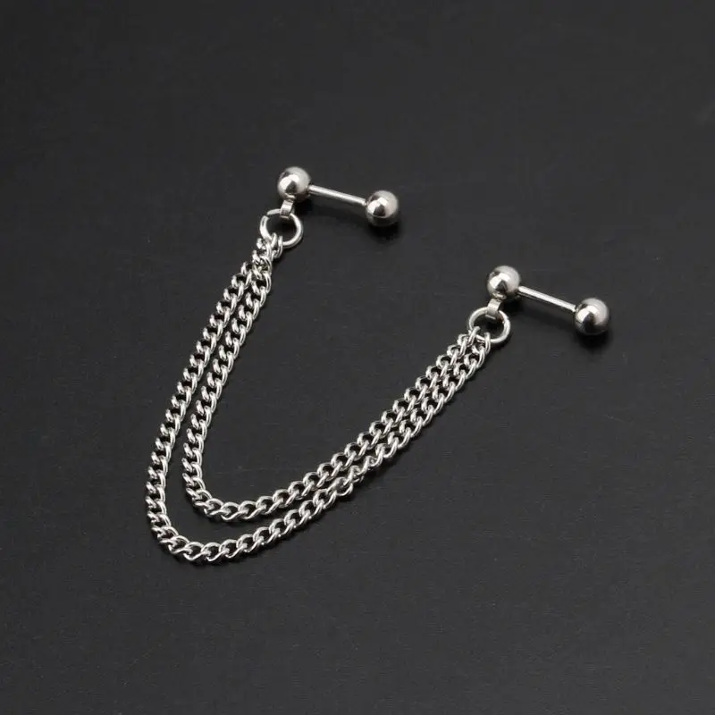 Double Chain Piercing Earring Punk Ball Cartilage Ear Cuff Wrap Hip Hop Dangle Chain Drop Earring Unisex Gift