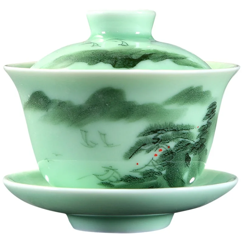 longquan celadon gaiwan porcelain handpainted tureen fish relief cup bowl with lid saucer mountain river print lotus design new