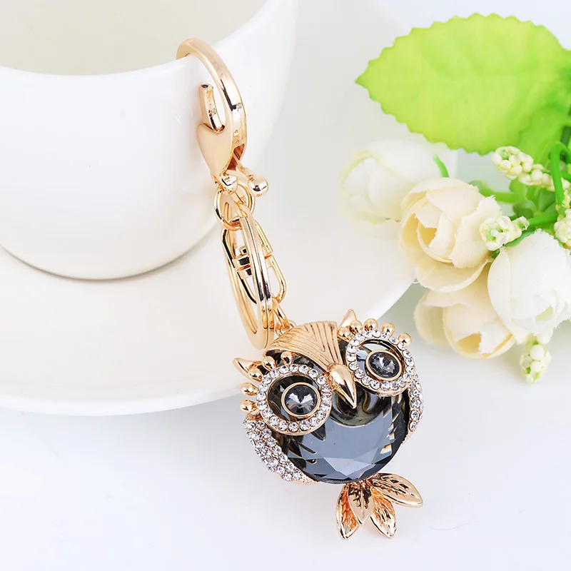 EASYA Crystal Owl Keychain Champagne Rhinestone Car Keyring Women\'s Fashion Bag Accessory Metal Owl Key Chain