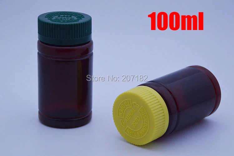 

100pcs 100ml Amber PET Child-proof Bottles,Capsules/Pills/Powder/Vitamin Plastic Bottles with Green/Yellow Colors Screwing Lids