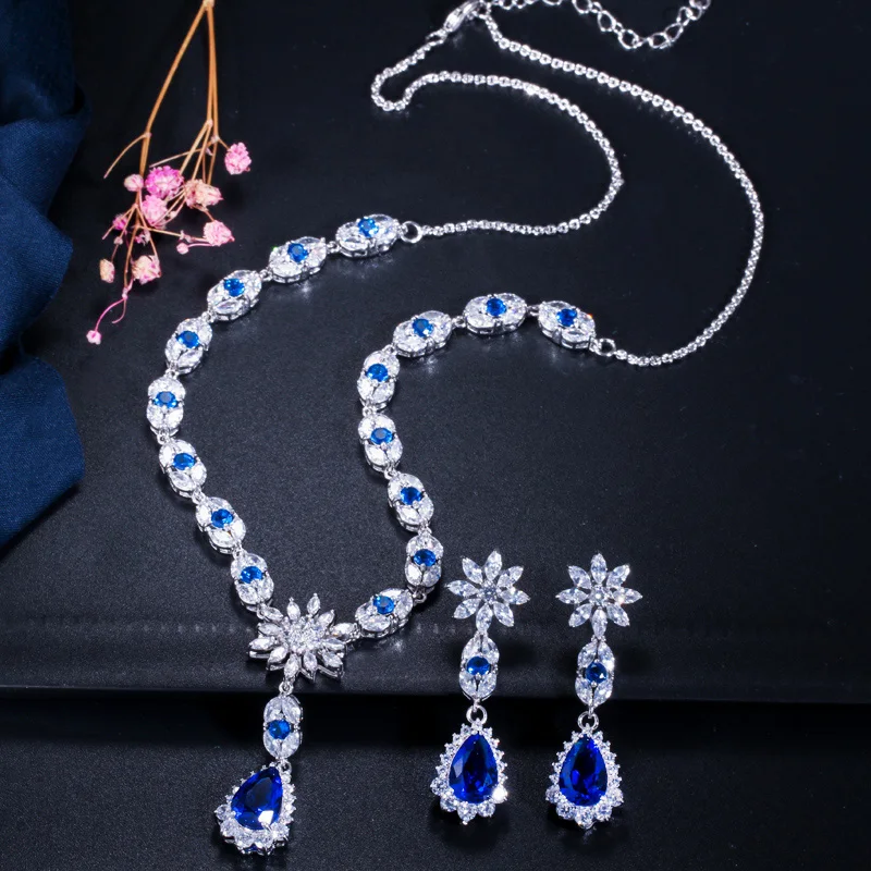 CWWZircons Elegant White Gold Color Flower Water Drop Women Party Wedding Necklace and Earrings Royal Blue CZ Jewelry Sets T184