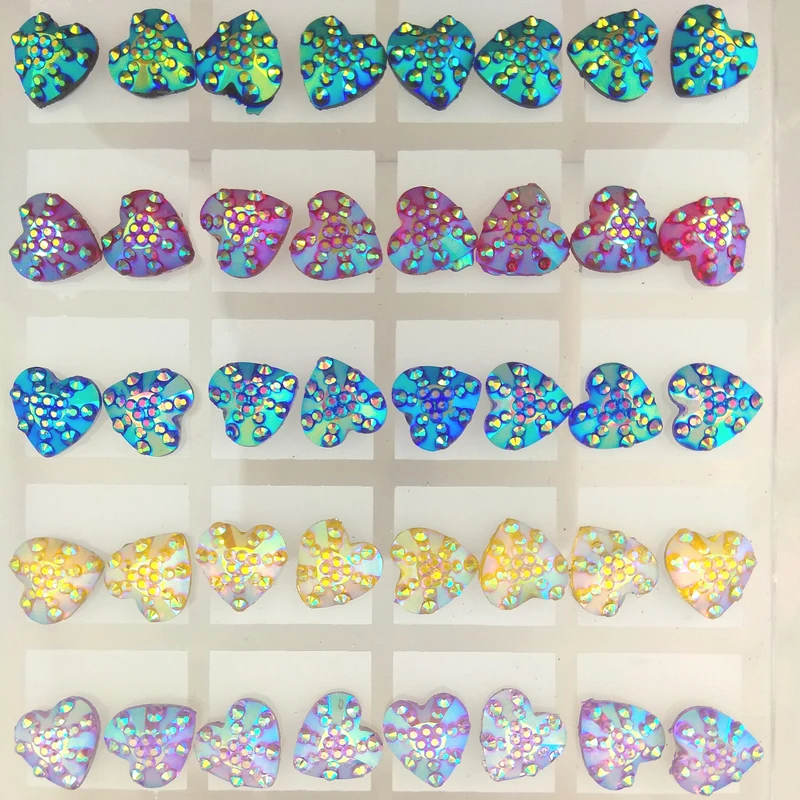 Wholesale 36 Pairs 11mm Heart Shape Shinning Resin Crystal Earring Studs Mixed Color