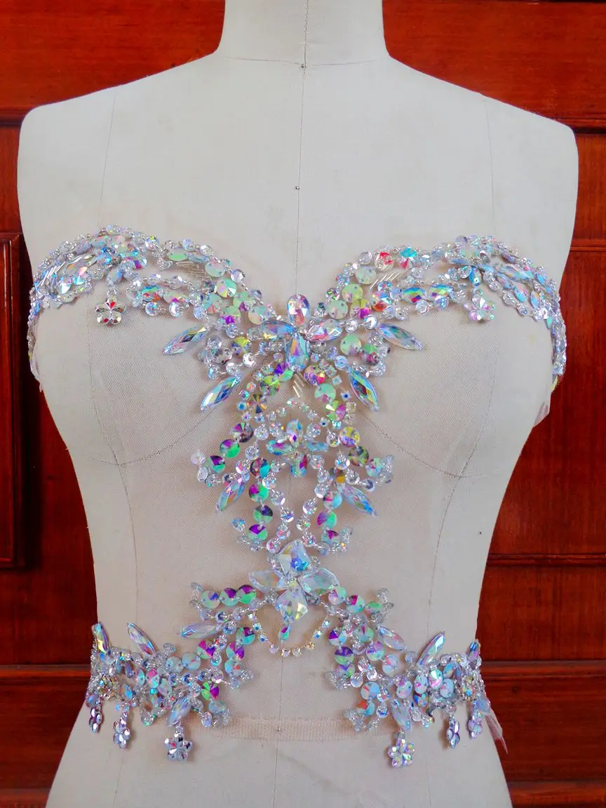 zbroh New clear AB colour  pure handmade sew on rhinestones applique  34*30cm crystals patches for  dress DIY  accessories