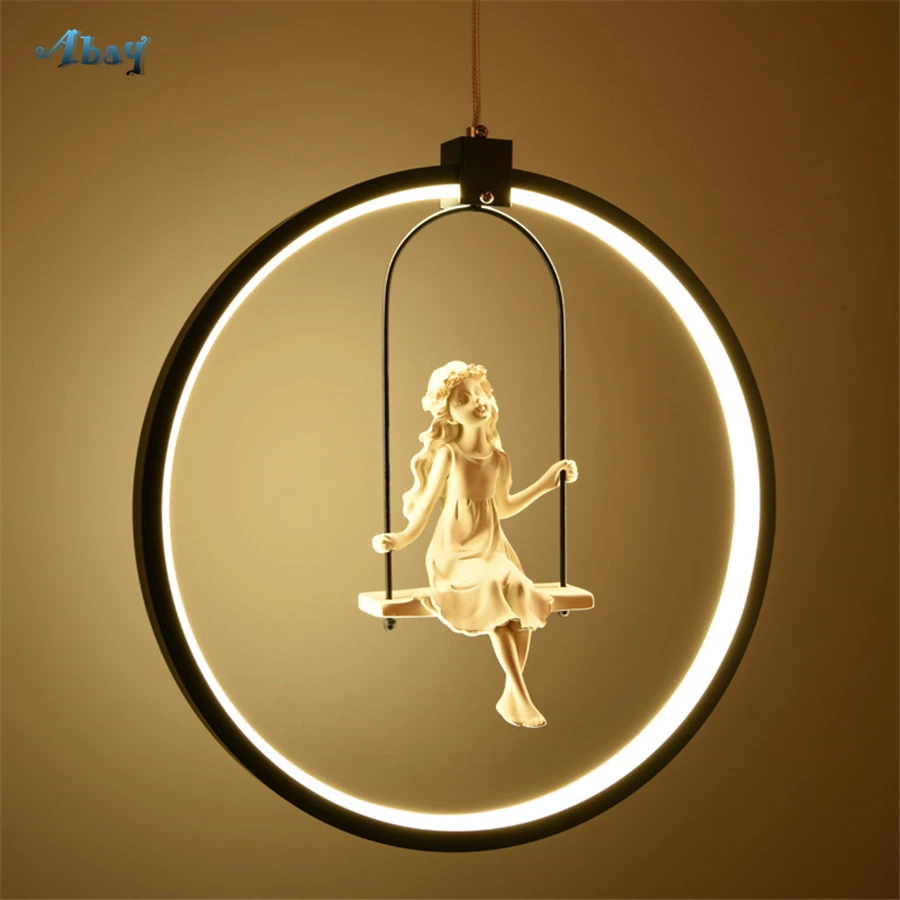 Nordic Aluminum Ring Girl Swing Pendant Light for Living Room Bedroom Study lovely Bird hanging lamp art deco kids Light Fixture