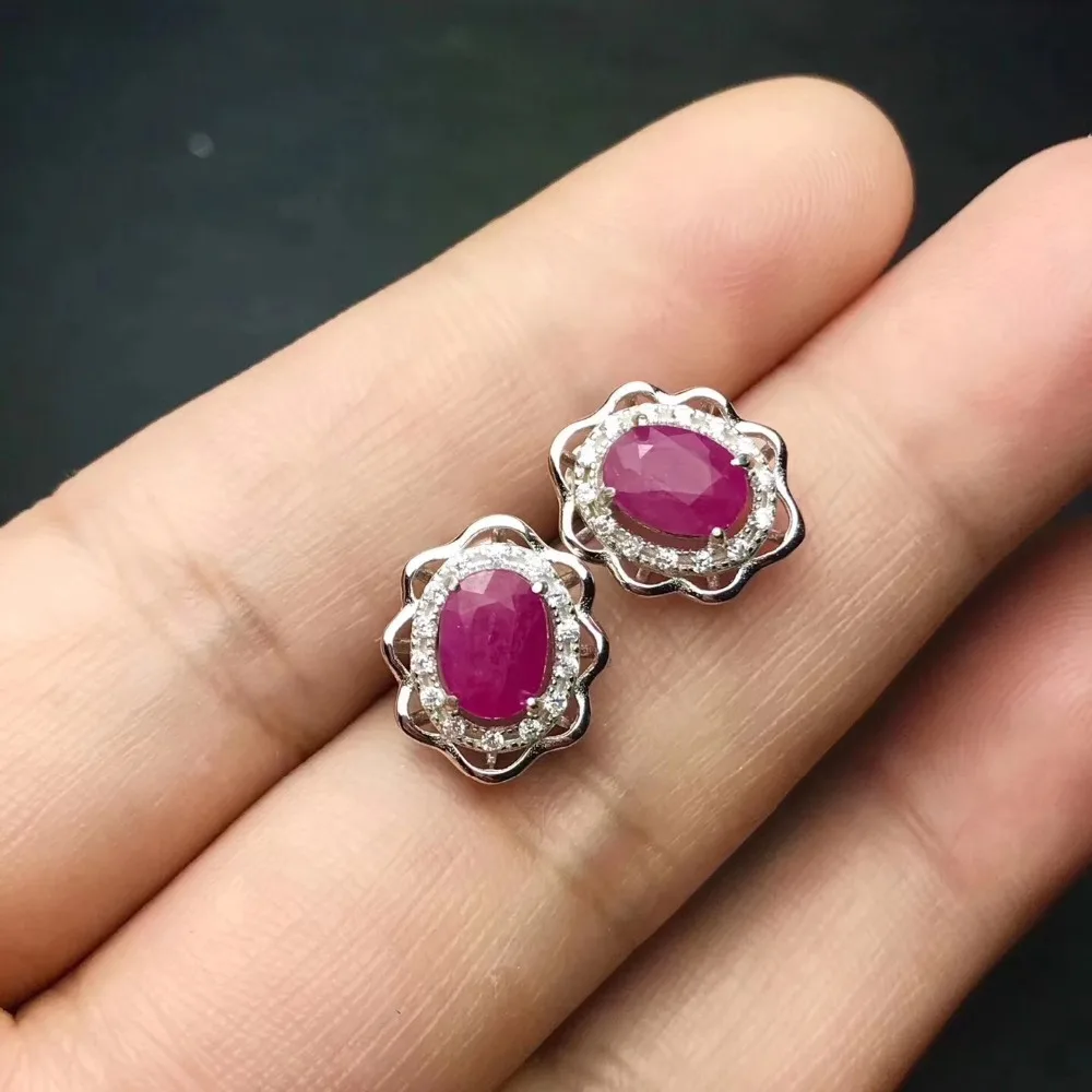 Natural ruby stud earring Free shipping Original real ruby 925 sterling silver 5*7mm*2pcs gemstone For men or women