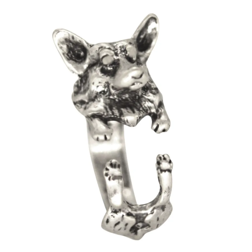 Kinitial Antique Wolf Ring Boho Chic Welsh Corgi Dog Ring Animal English Dog Ring Hippie Knuckles Rings for Women anel