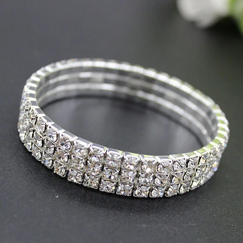 Sparkling Silver Color Crystal Bracelets For Women 3 Rows Rhinestone Stretchy Bracelets Bangles Female Wedding Prom Jewelry