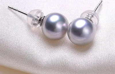 charming pair 9-10mm round south sea silver grey pearl earring>jewerly free shipping