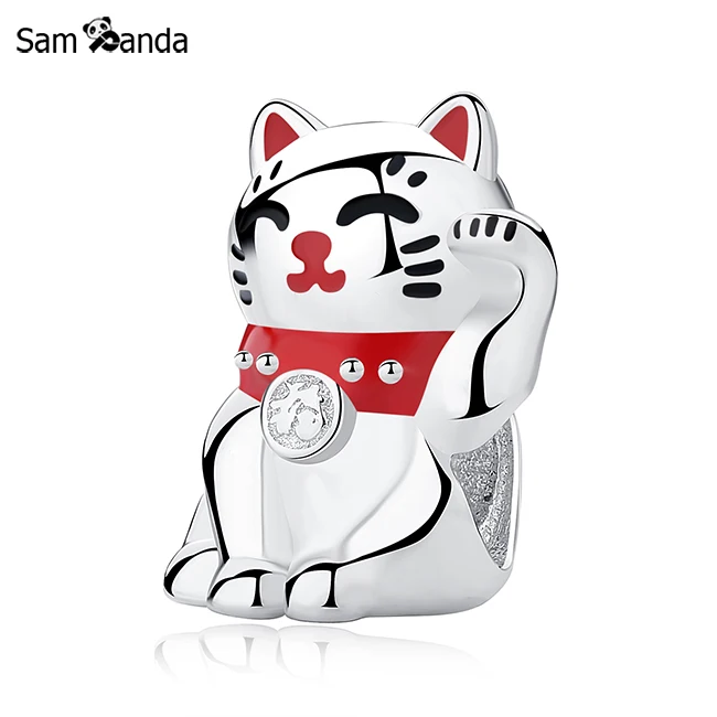 

Authentic 925 Sterling Silver Bead Cute Lucky Cat Red Enamel Charm Fit Pandora Original Bracelets DIY Jewelry Gifts Makings