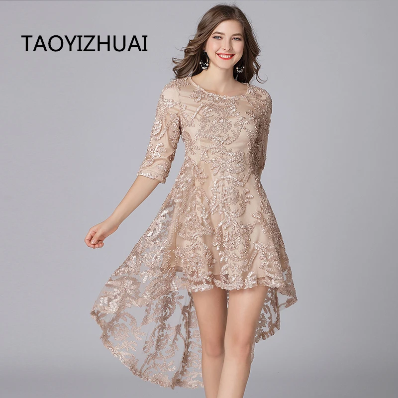 TAOYIZHUAI 2023 New Arrival Spring Vintage Style Fashion Cuffs O-Neck Plus Size Zipper Fly Golden Asymmetrical Women Dress 16143