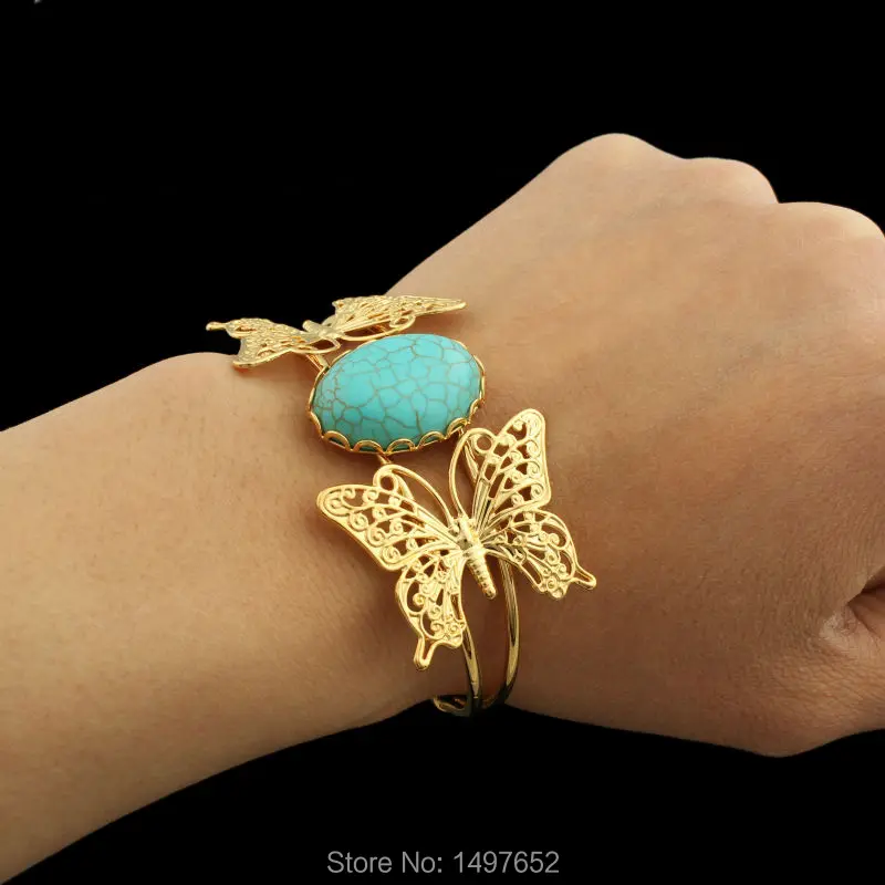 Ethiopian Gold Wide Butterfly bangles For Women Men18k Gold Color Stone bangles for African bangle & bracelets jewelry