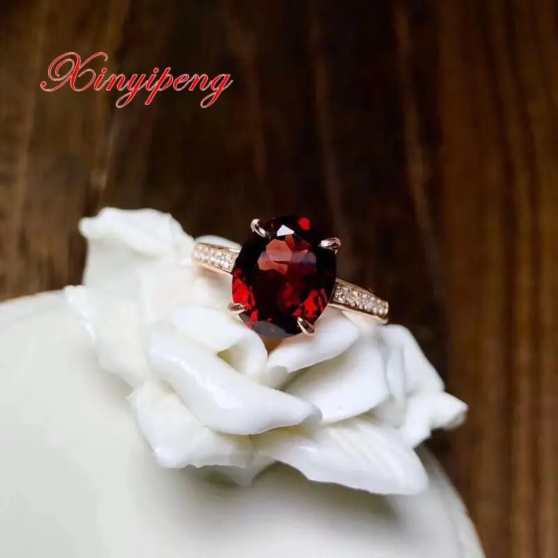 

Xin yi peng 925 silver plated gold inlaid natural garnet ring women ring style classic generous The anniversary gift