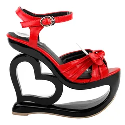 LF40208 Sexy Black Red Criss Cross Heart Heel Wedge Platform Sandals Size 4/5/6/7/8/9/10