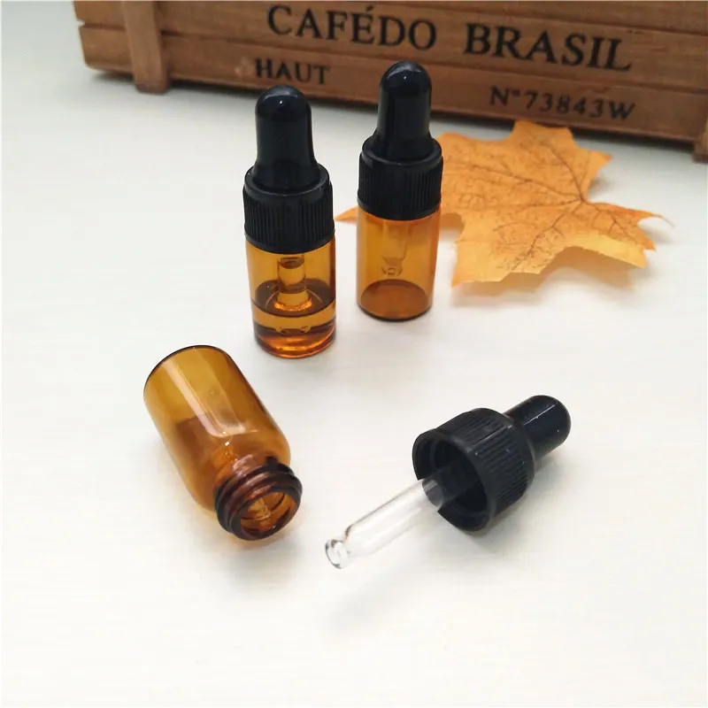 1ml 2ml 3ml 100pcs Amber Dropper Mini Glass Bottle Essential Oil Display Vial , Small Serum Perfume Brown Sample container