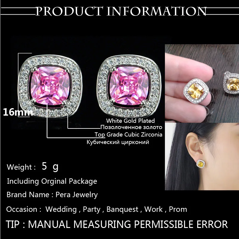 Pera New Arrival Silver Color Jewelry Trendy Big Square Cut Light Blue Austrian Crystal Women Earrings With Cubic Zircons E194