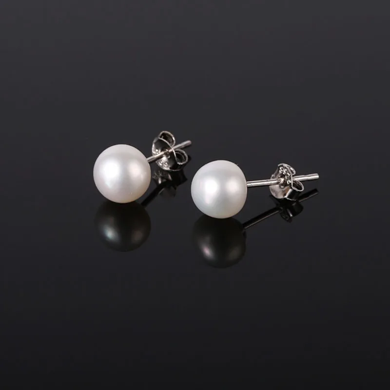 5-6mm AAA High Luster White Natural Cultured Freshwater Button Pearl Sterling Silver Earring