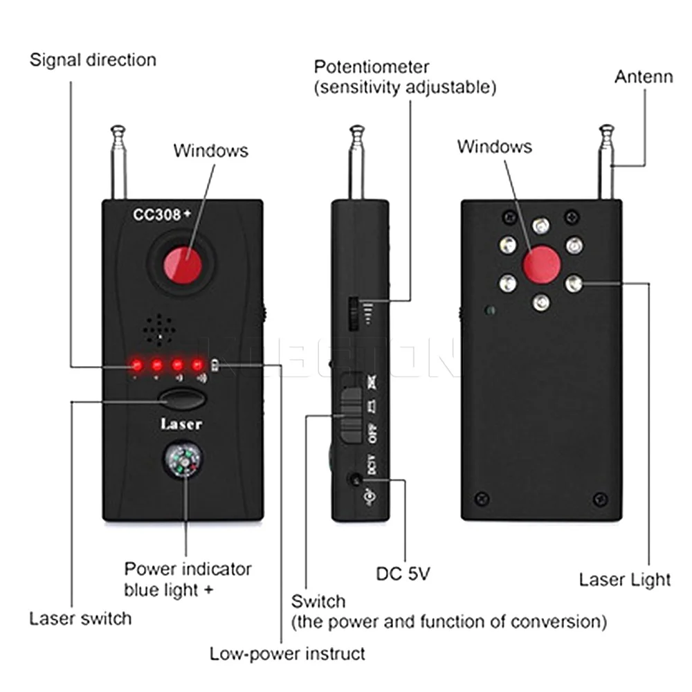 1PC Full Range Anti - Spy Bug Detector CC308+ Mini Wireless Camera Signal GSM Device Finder Protect Security