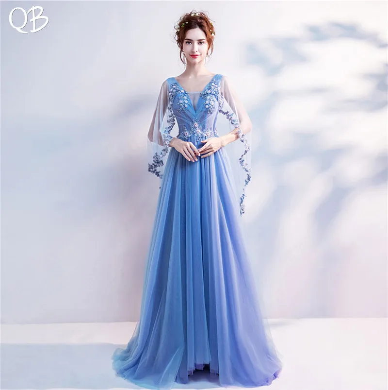 2020 New Fashion Blue V-neck A-line Lace Tulle Flowers Crystal Evening Dresses Elegant Long Formal Luxury Evening Gowns XK08I