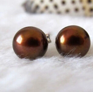 Genuine 8-10mm Brown Sea Shell Pearl Sterling Silver Stud Earrings