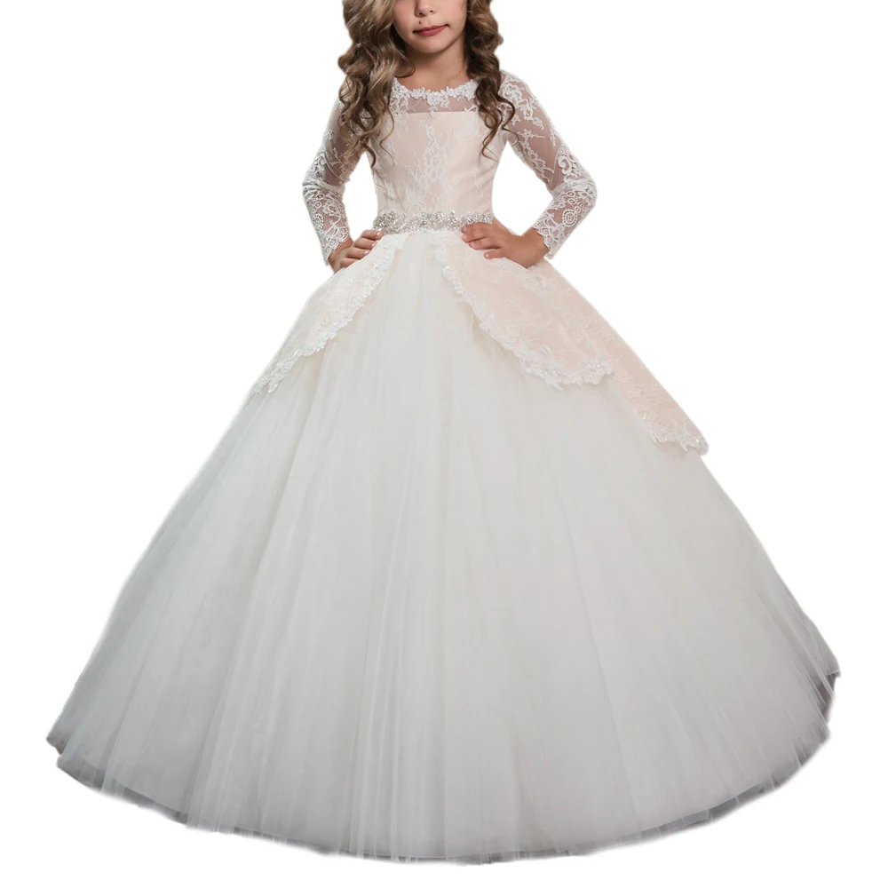 

long sleeves party dresses for girls beaded sash floor length ball gowns for kids fancy flower girls dresses