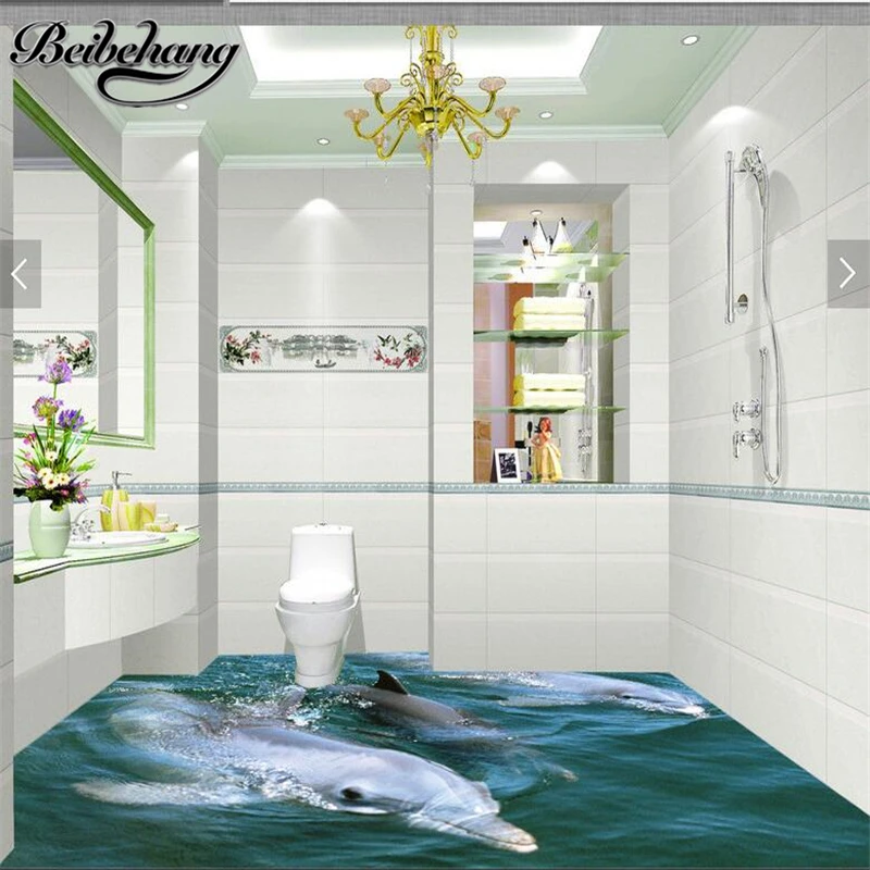 

beibehang Custom living room bedroom floor stickers 3D bathroom floor dolphins seawater underwater world three dolphin floors