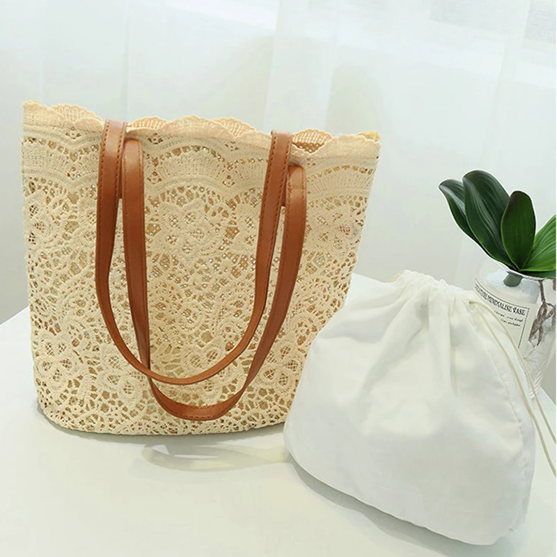 SUMMER Bohemian Straw Bags Purses Handbags women handbag Top-Handle large capacity Rattan Bucket Bag beach Lace totes bag B41-48