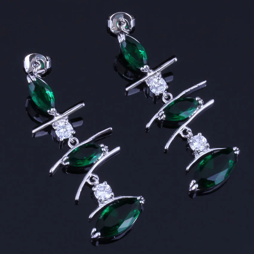 Delightful Long Marquise Green Cubic Zirconia White CZ Silver Plated Drop Dangle Earrings V0794