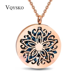 New Stylish Fashion Flower Pendant Necklace With Full Blue Crystal Jewelry For Women Necklace Rose Gold Color Stainless Steel