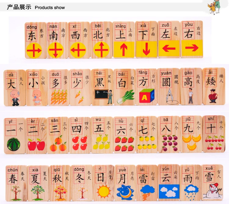 100 pcs /set ,Chinese characters wood cards with 200 Chinese characters with pinyin , used as Dominoes game ,best gift for kids