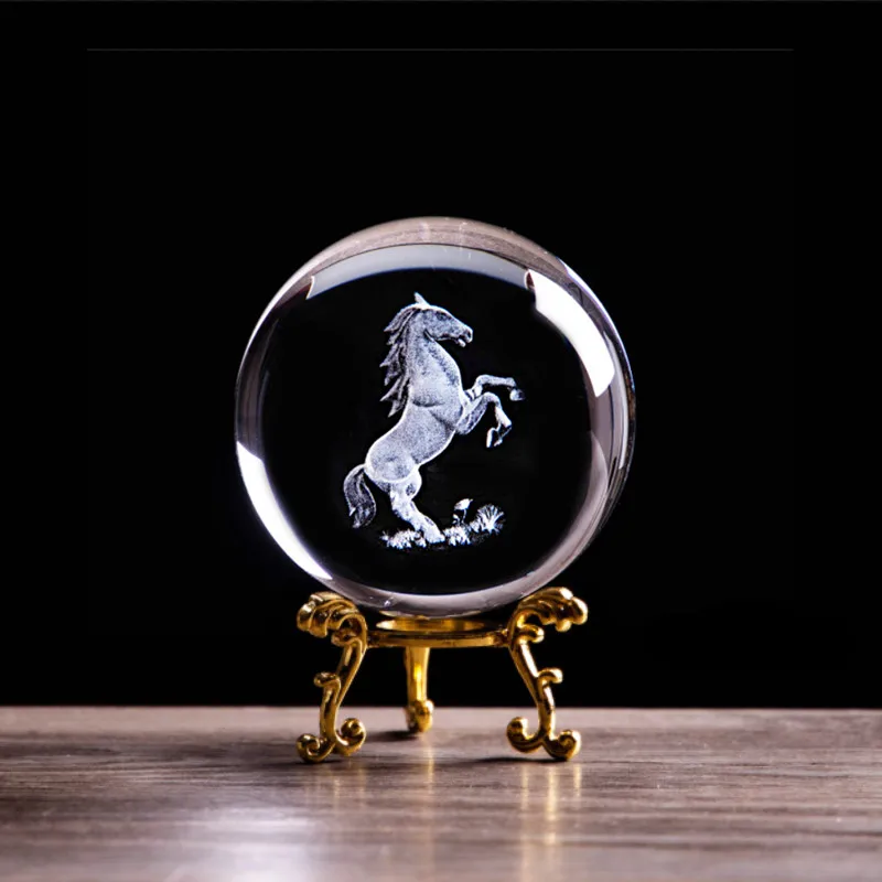 3D Laser Etched Zodiac Horse Crystal Ball Miniature Animal Collectible Figurines Feng Shui Glass Sphere Home Art Decor Accessory