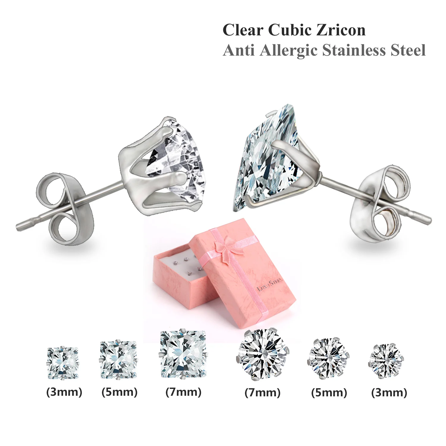 LUXUKISSKIDS 6Pairs/Box Shiny Zircon Stainless Steel Stud Earrings Set Korean AAA Crystal Jewelry Golden Piercing For Women Gift