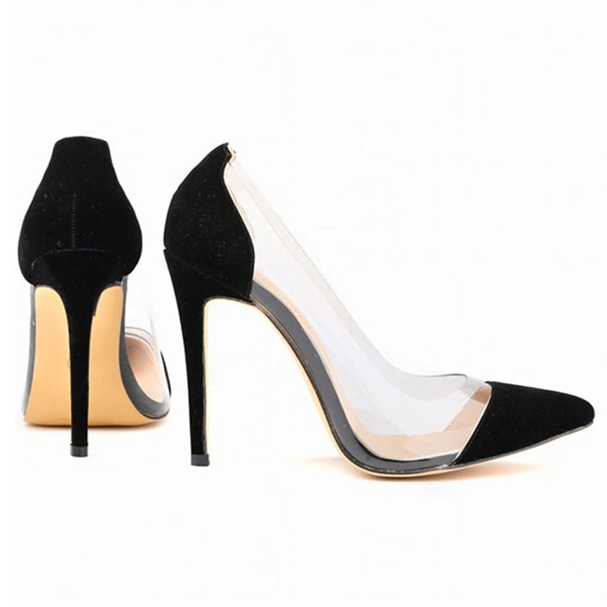 New Arrival miękka skóra płytkie kobiety pompy Sexy strona przezroczysta PU Pointed Toe wysokie obcasy buty moda ślubna dla kobiet buty