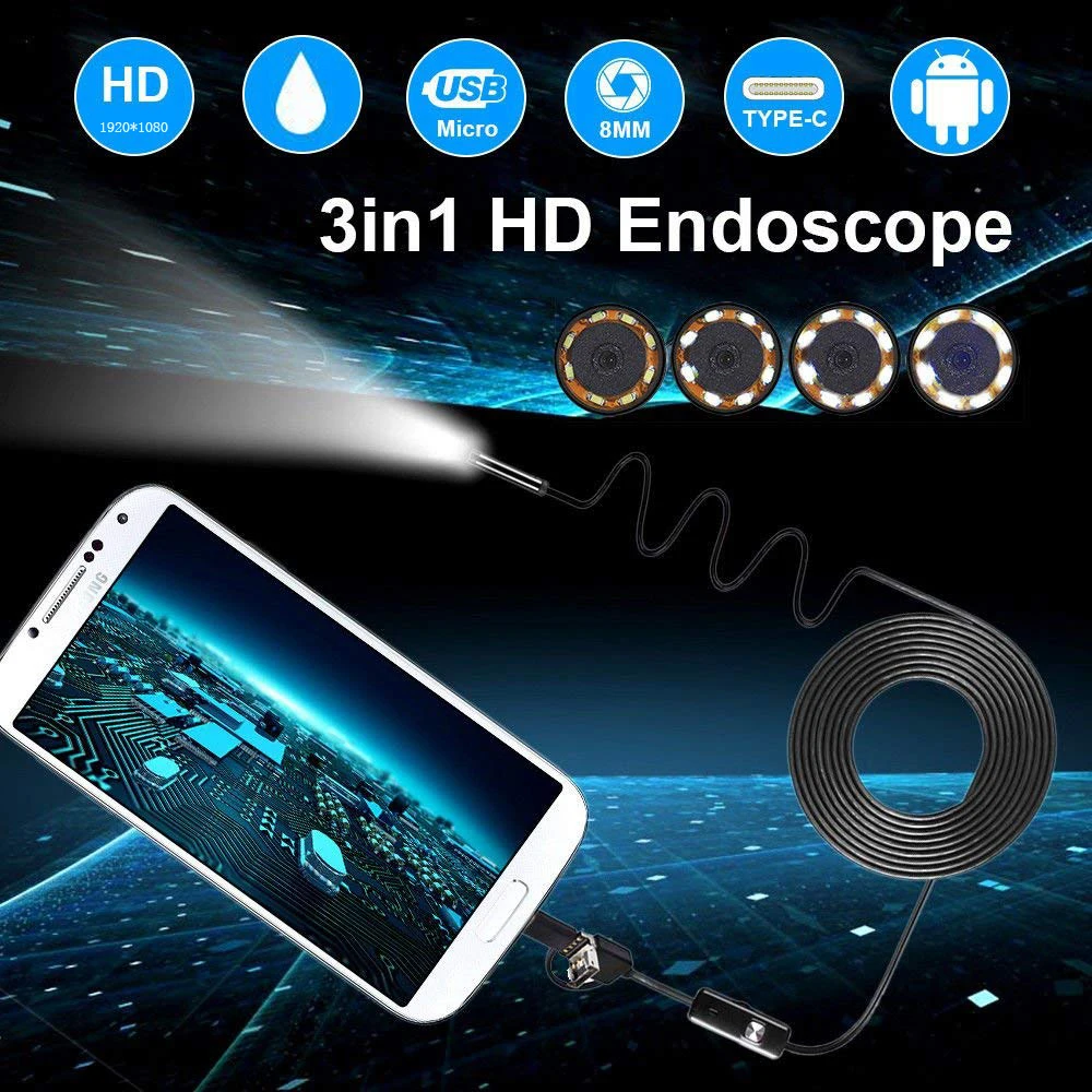 1080P HD Android endoscope Camera 8mm 2MP USB  USB Borescope Tube 1M 2M 5M Snake Mini Cameras Micro Camera 8 leds For Android PC